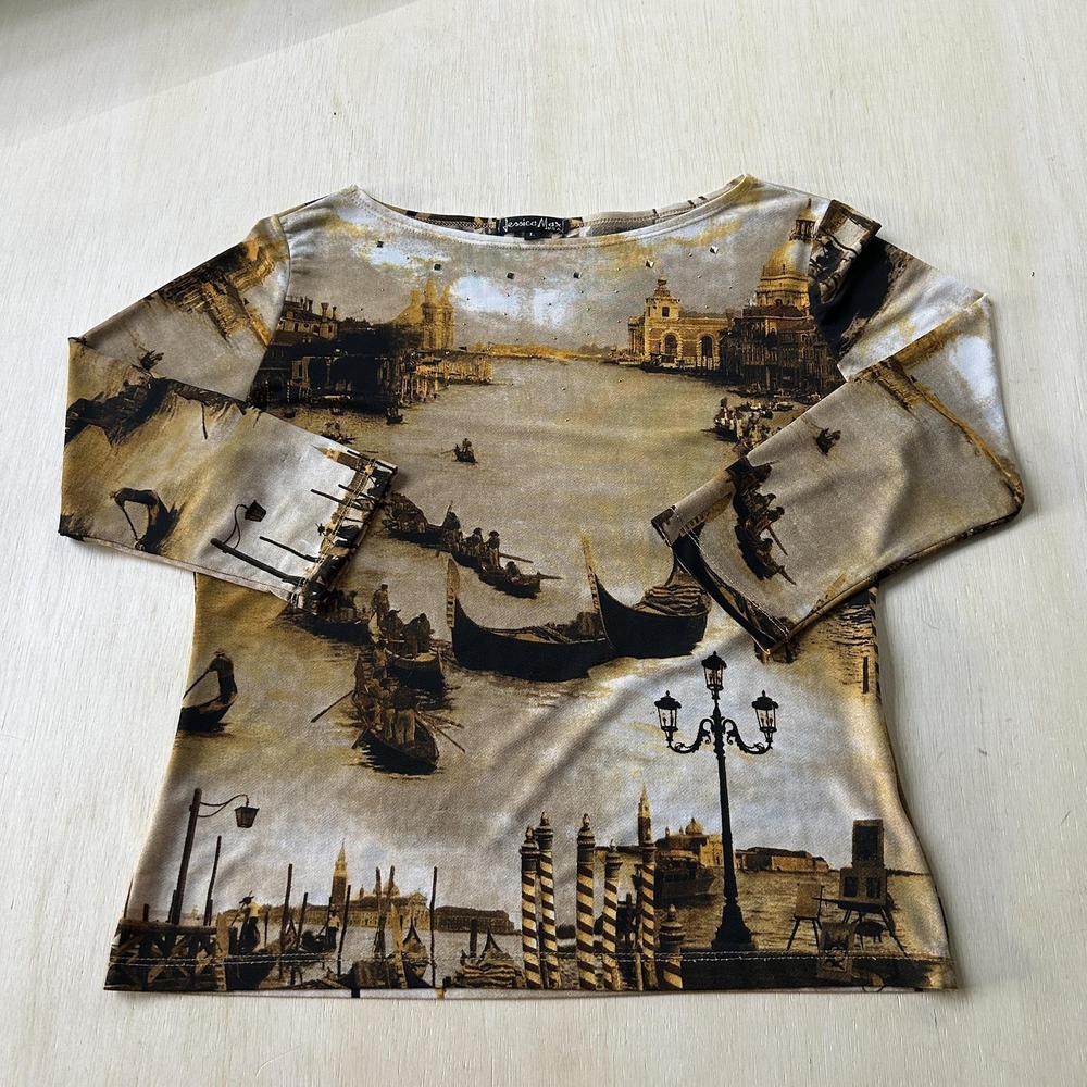 Y2K Jessica Max Blouse Womens Large Brown Scenic Print Studded 3/4 Sleeve Top